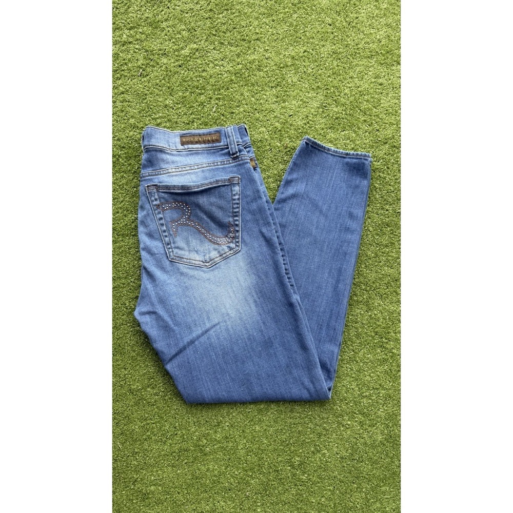 Rock & Republic Banshee Womens Size 12 Stretch Jeans Medium Wash Bling Pocket